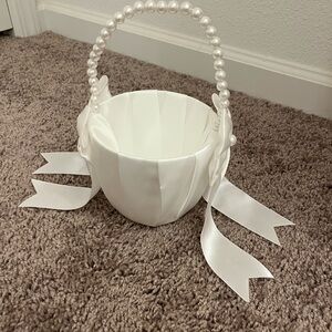 Elegant White Satin Basket with Pearl Handle